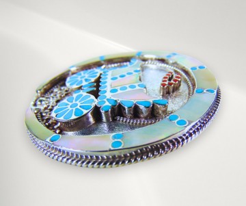 Mega grote dishta zuni native american turquoise koraal parelmoer inleg huifkar bolo tie hanger ketting pr 8