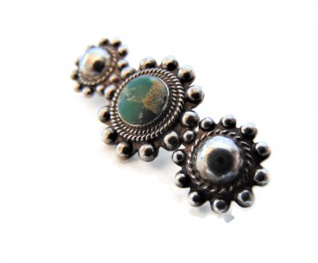 Native langewerpige zilver broche 2 domes groene turquoise cabochon 4