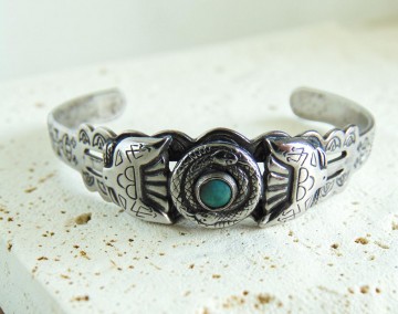 Navajo harvey era nickle silver zilver turquoise slang thunderbird armband pr steen 4