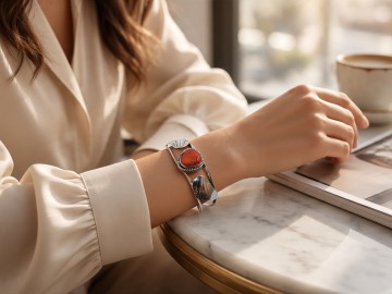Navajo koraal bladeren dubbel zilver armband pr dame