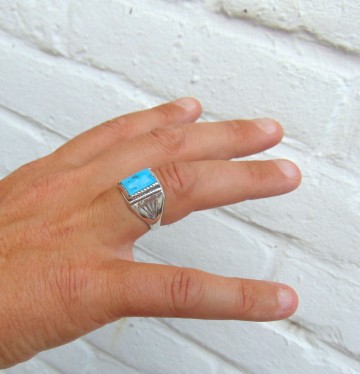 Navajo native american zilver ring rechthoek turquoise stamp zijkant 1