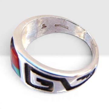 Navajo zilver meander overlay multi inlay turquoise koraal vierkant ring pr 1