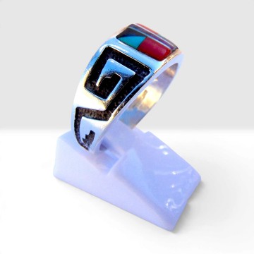 Navajo zilver meander overlay multi inlay turquoise koraal vierkant ring pr 3