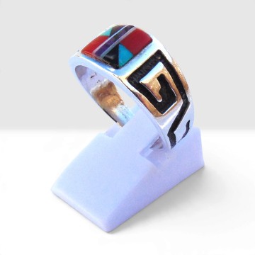 Navajo zilver meander overlay multi inlay turquoise koraal vierkant ring pr 4
