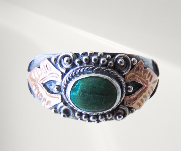 Oosterse zilveren ring malachiet gouden vlammen pr 4 1