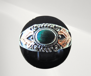 Oosterse zilveren ring malachiet gouden vlammen pr 4 2