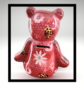 Pomme pidou rode beschilderde beer spaarpot grijze overloop lijst 1