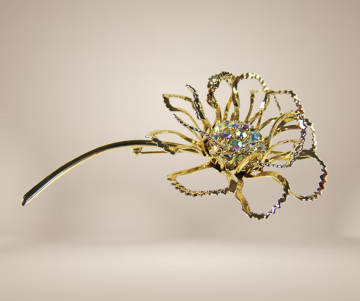 Sarah coventry grote gouden bloem broche aurora borealis beige achtergrond 2