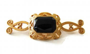 Victoriaanse lange sierlijk goudkleur broche zwarte steen 2