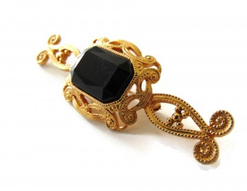 Victoriaanse lange sierlijk goudkleur broche zwarte steen 3