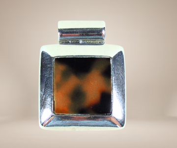 Vierkante zilveren hanger tijger kauri schelp beige achtergrond  1