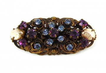 Vintage austrian oostenrijkse koperkleur broche faux parel blauw paars strass 2