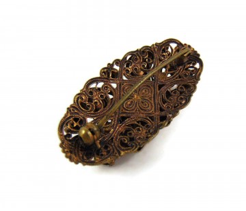 Vintage austrian oostenrijkse koperkleur broche faux parel blauw paars strass 6