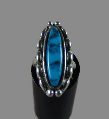 Vintage lange faux turquoise ring zilverkleur 3