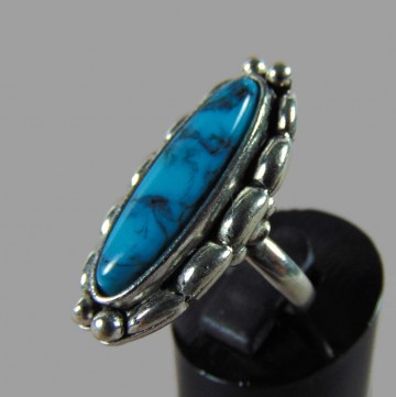Vintage lange faux turquoise ring zilverkleur 4