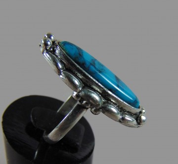 Vintage lange faux turquoise ring zilverkleur 5