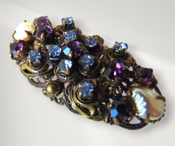 West germany ovale koper paars strass parels broche pr  8
