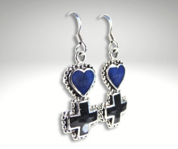 Zilver lapis en onyx hart en kruis oorbellen pr 1