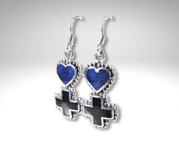 Zilver lapis en onyx hart en kruis oorbellen pr 2