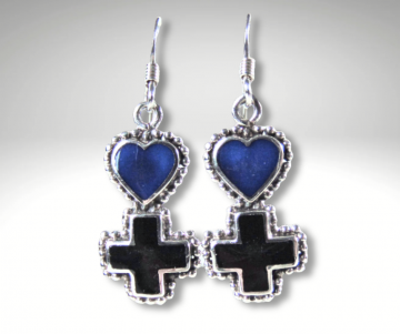 Zilver lapis en onyx hart en kruis oorbellen pr 3