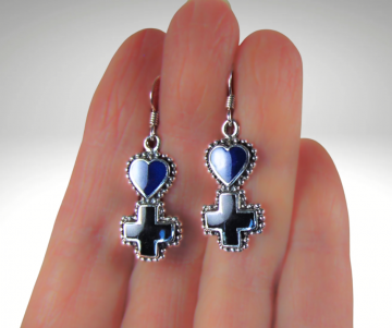 Zilver lapis en onyx hart en kruis oorbellen pr