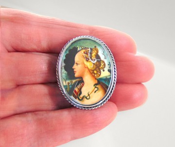 Zilveren 800 antieke ovale broche hanger handbeschilderd vrouw slang portret pr  2