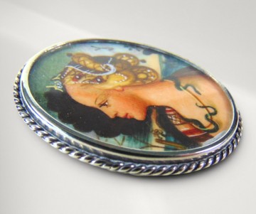 Zilveren 800 antieke ovale broche hanger handbeschilderd vrouw slang portret pr  5