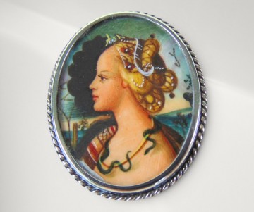 Zilveren 800 antieke ovale broche hanger handbeschilderd vrouw slang portret pr  6