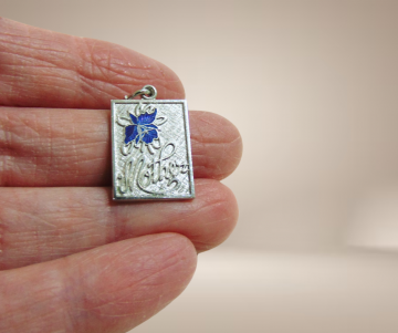 Zilveren art nouveau rechthoek hanger mother paarse iris bloem beige achtergrond