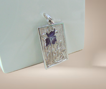 Zilveren art nouveau rechthoek hanger mother paarse iris bloem beige achtergrond 2