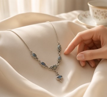 Zilveren lariat labradoriet ketting hanger pr doek