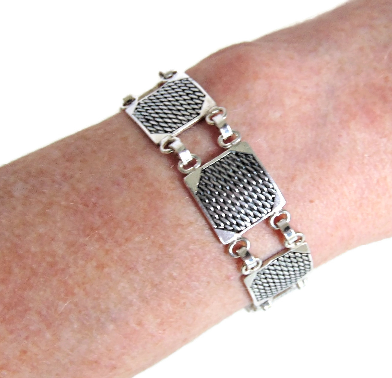 Prachtige 925 zilveren STRAKKE vierkante schakel armband - Armbanden Ssiesvintagesieraden vintage sieraden, Native American, 2e hands