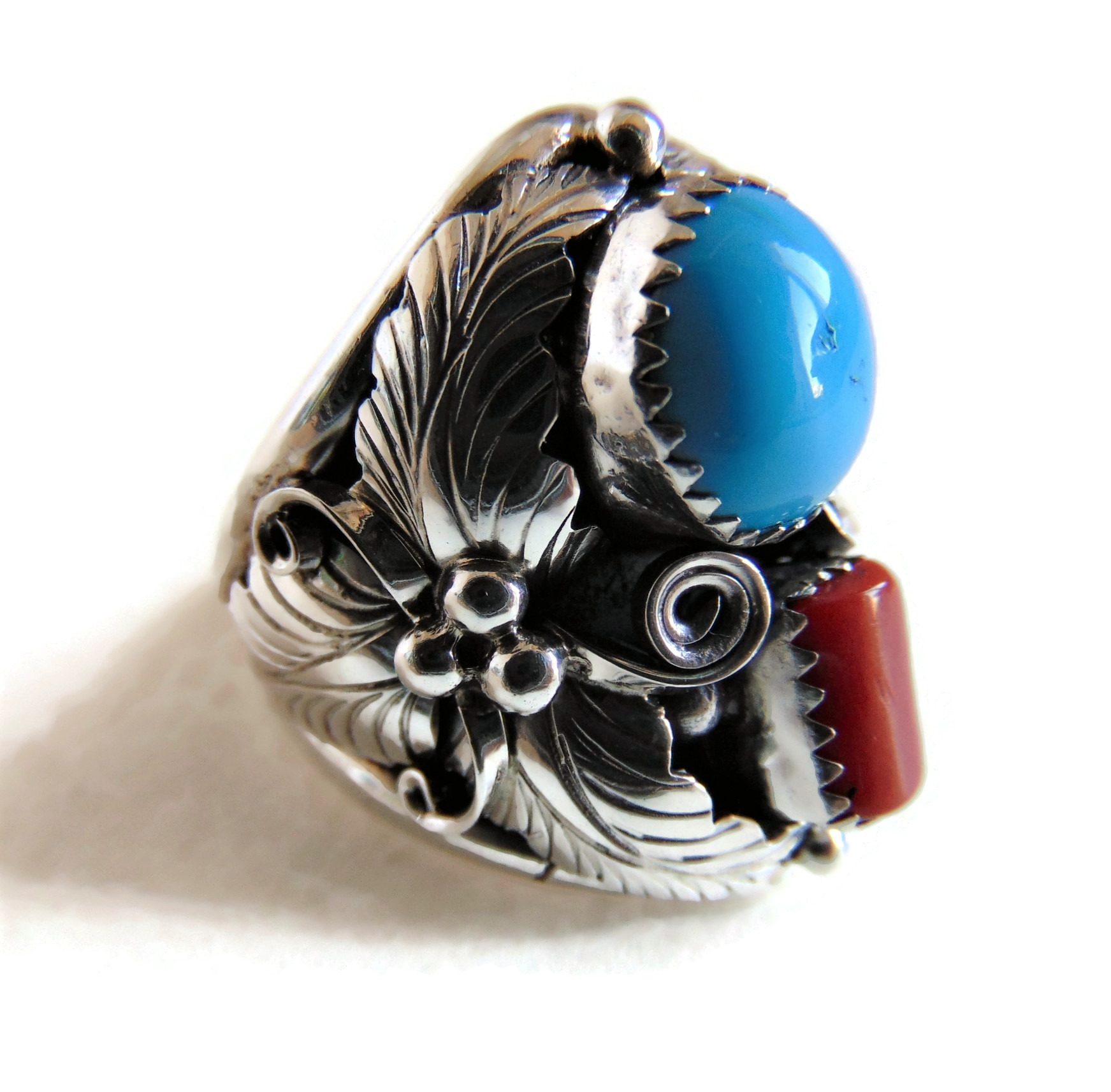 GROTE prachtige NAVAJO zilveren coral turquoise Maat 19 - Ringen - Ssiesvintagesieraden - Zilveren vintage sieraden, Native American, 2e hands sieraden